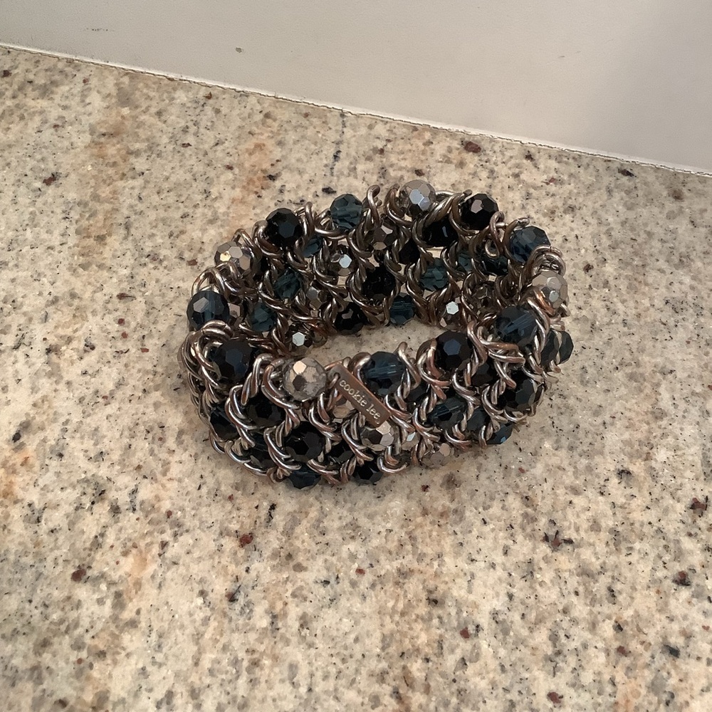 Cookie Lee Silver and Black Beaded Stretch Bracelet